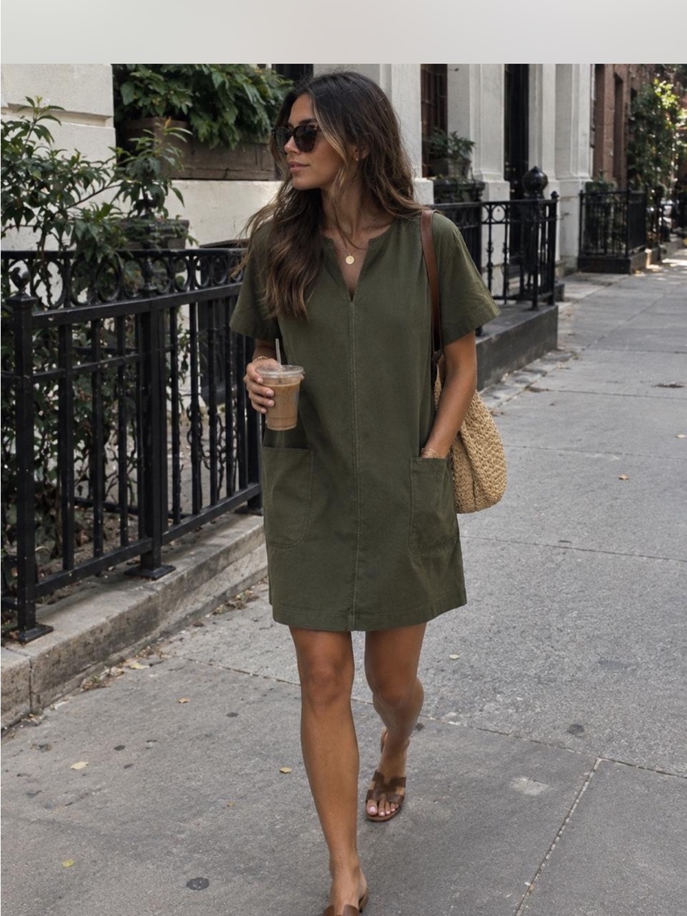 Athleta Olive Green Cotton Stretch Utility Dress Short Sleeve Pockets M